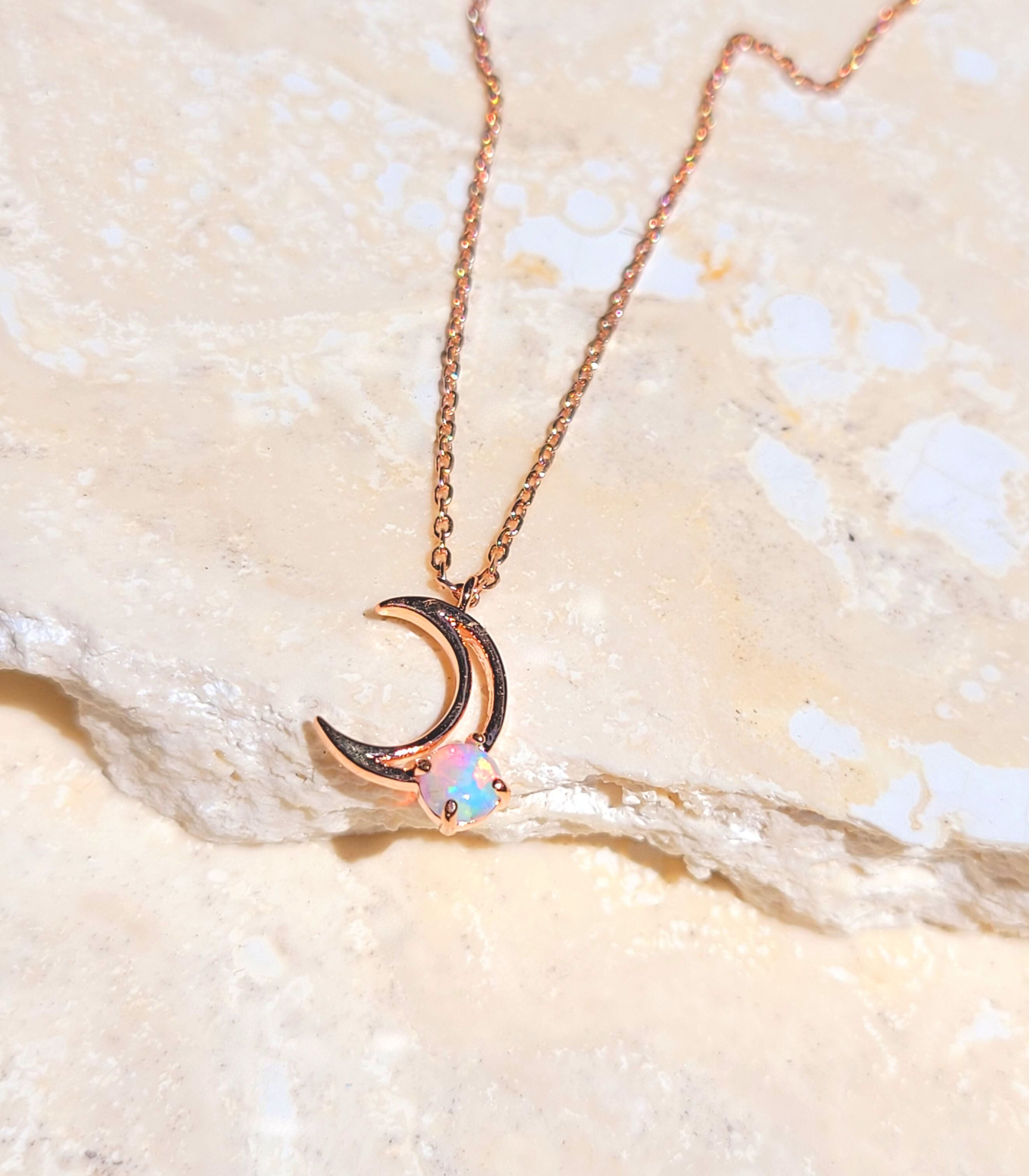 Rose gold opal moon necklace