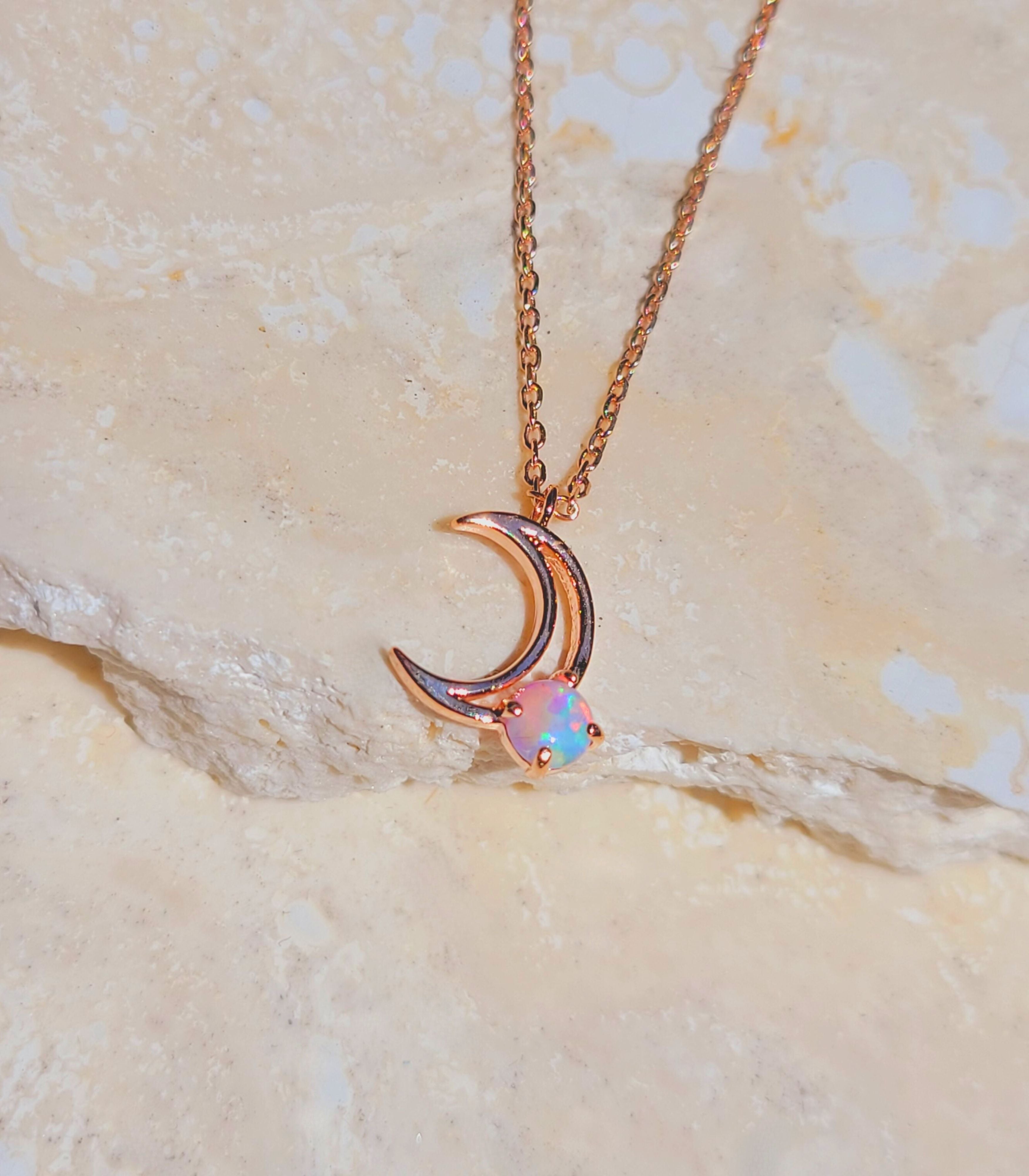 Rose gold opal moon necklace